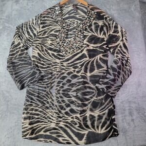 La Moda Hindu Women Large Animal Print Embellished Sheer Tunic Top Long Sleeve L
